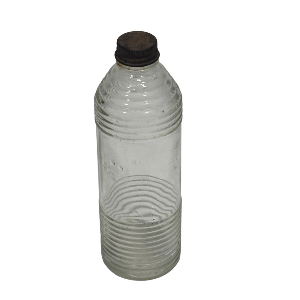 Vintage 1930's-1940's Ribbed Glass Bottle 7in Clear w/ Original Metal Cap